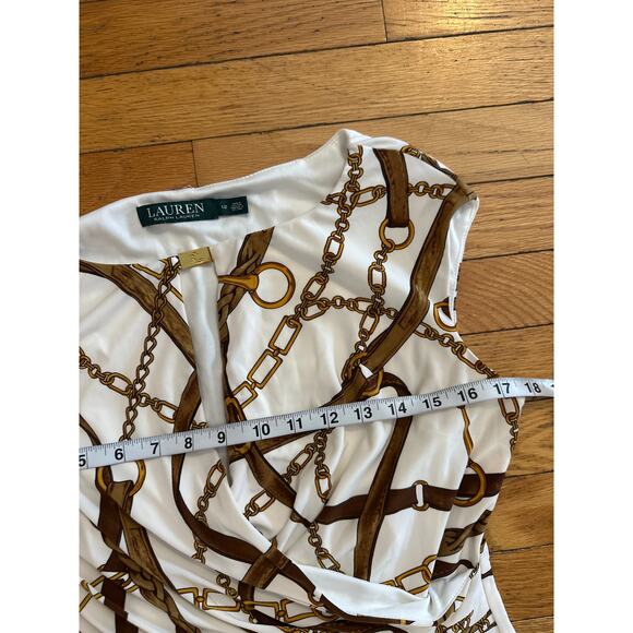 Lauren Ralph Lauren Dress 12 White Gold Chain Print Ruched Sheath Midi - Picture 5 of 6